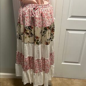 POL Pink and Cream Floral Maxi Skirt